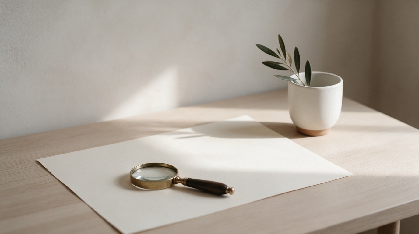 Lupa de latão sobre uma folha de papel em branco numa mesa de madeira clara, com xícara branca ao lado e luz do sol atravessando a superfície
