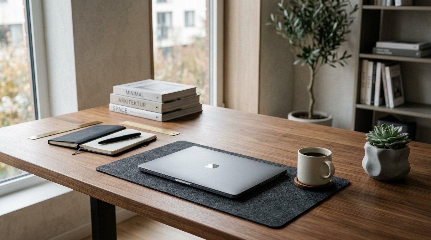 Mesa de trabalho em madeira com notebook fechado, caderno e xícara, perto de uma janela